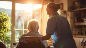 Adult child and older parent discussing care options at a kitchen table with notes and a calendar.