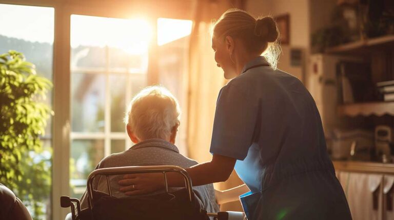 Adult child and older parent discussing care options at a kitchen table with notes and a calendar.